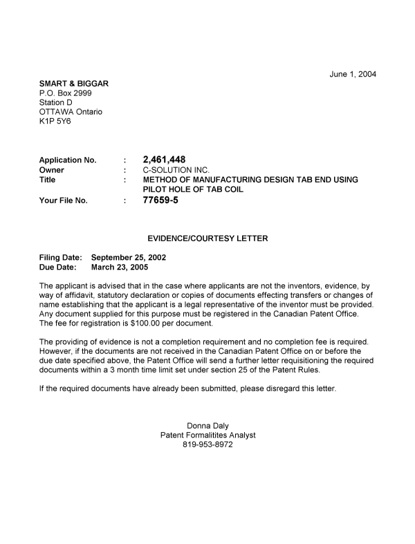 Document de brevet canadien 2461448. Correspondance 20040527. Image 1 de 1