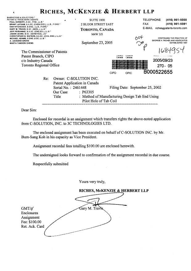 Document de brevet canadien 2461448. Cession 20050923. Image 1 de 3