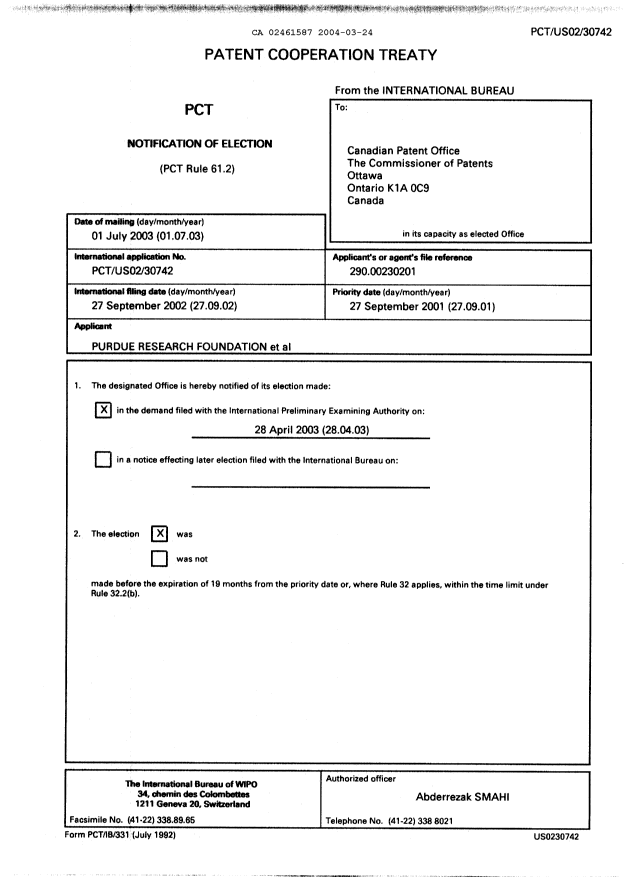 Document de brevet canadien 2461587. PCT 20040324. Image 1 de 31