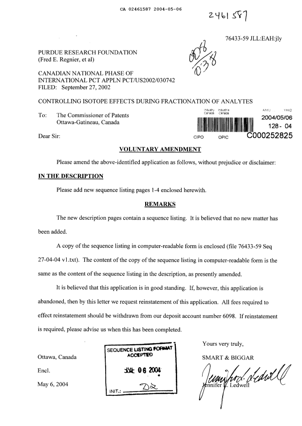 Canadian Patent Document 2461587. Prosecution-Amendment 20040506. Image 1 of 5