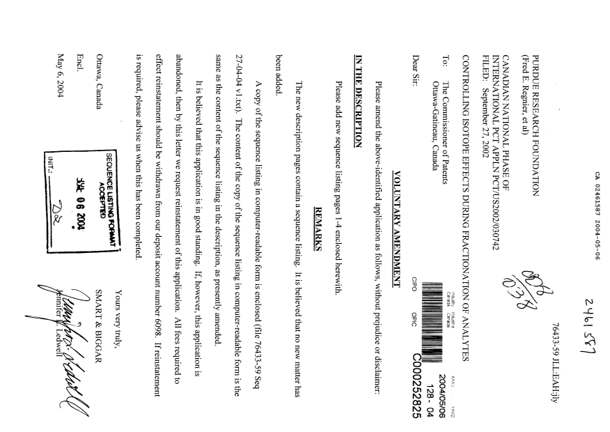 Canadian Patent Document 2461587. Prosecution-Amendment 20040506. Image 1 of 5