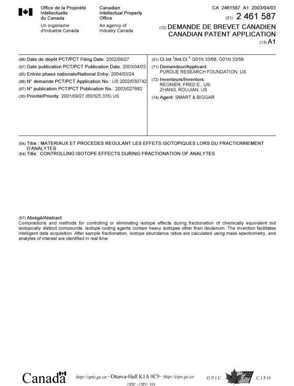 Document de brevet canadien 2461587. Page couverture 20040603. Image 1 de 1