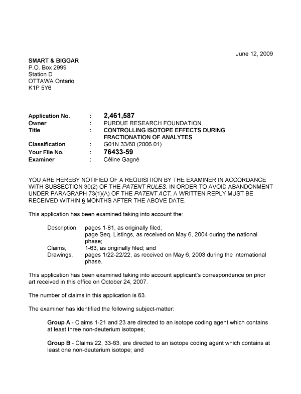 Canadian Patent Document 2461587. Prosecution-Amendment 20090612. Image 1 of 4