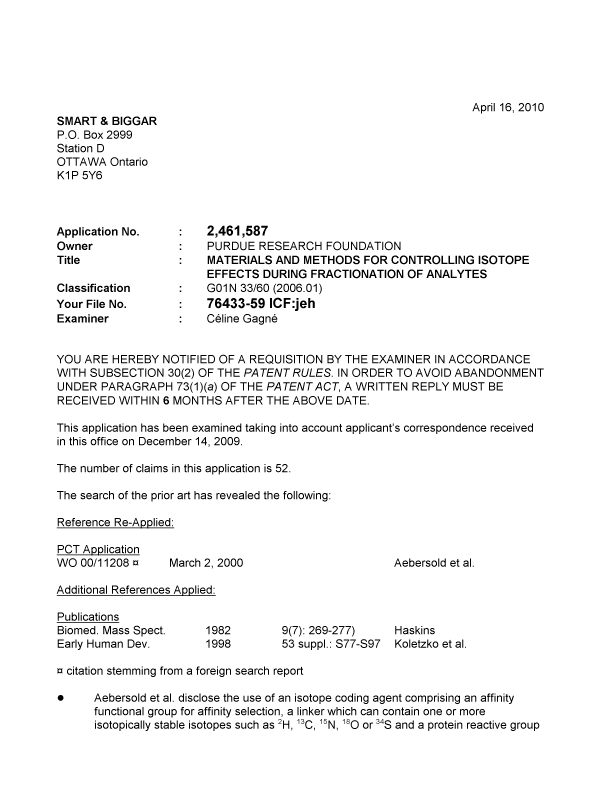 Document de brevet canadien 2461587. Poursuite-Amendment 20100416. Image 1 de 5