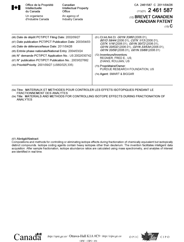 Document de brevet canadien 2461587. Page couverture 20110329. Image 1 de 1