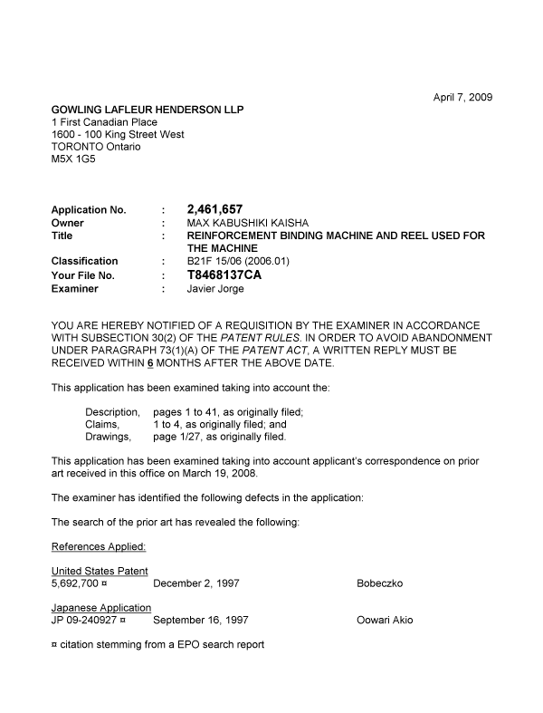 Canadian Patent Document 2461657. Prosecution-Amendment 20090407. Image 1 of 3