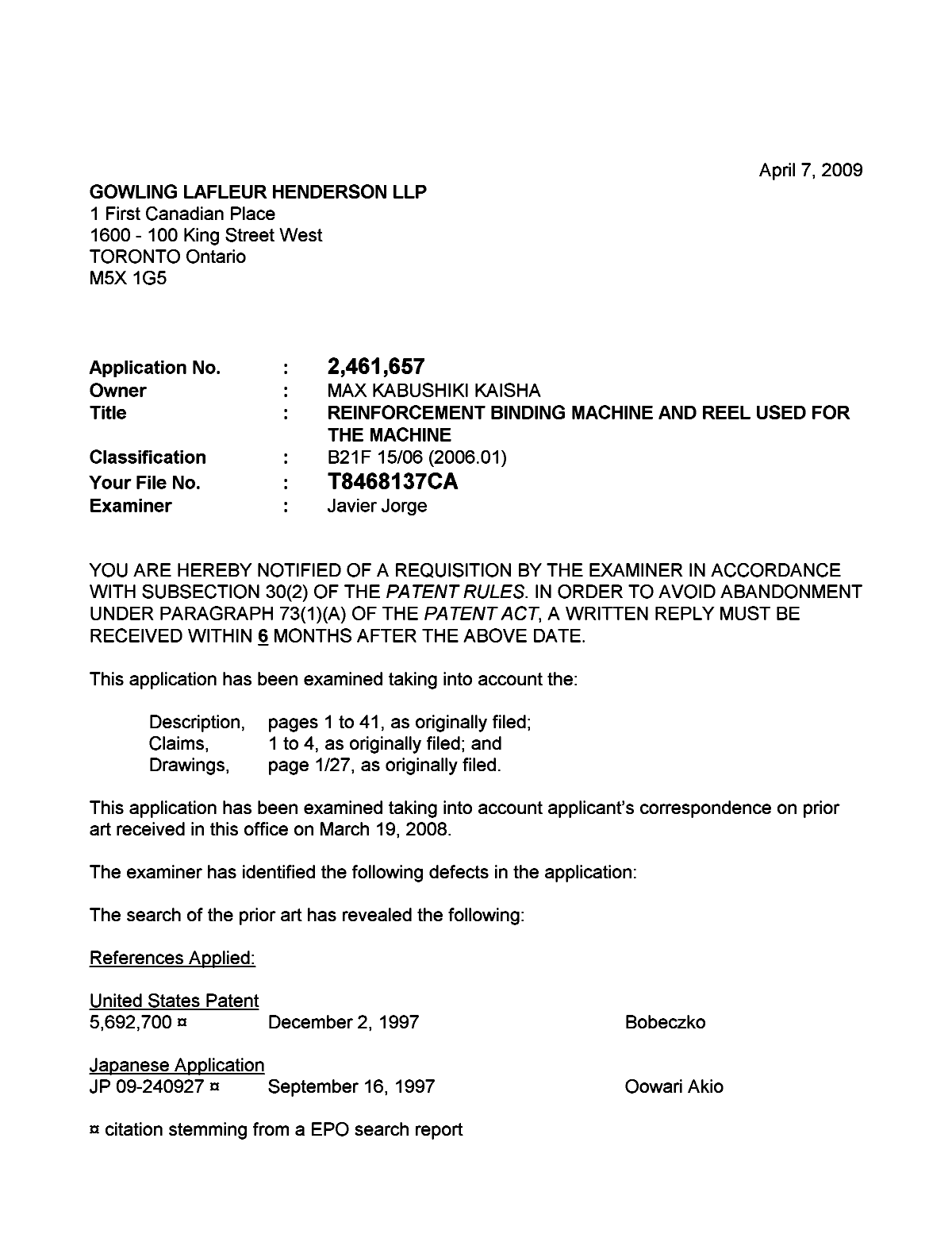 Canadian Patent Document 2461657. Prosecution-Amendment 20090407. Image 1 of 3