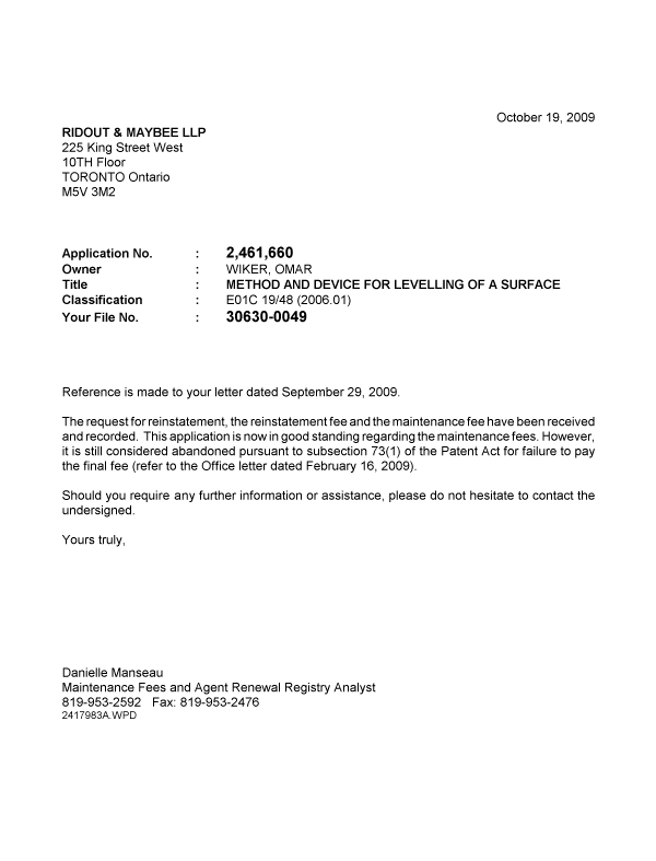 Canadian Patent Document 2461660. Correspondence 20091019. Image 1 of 1