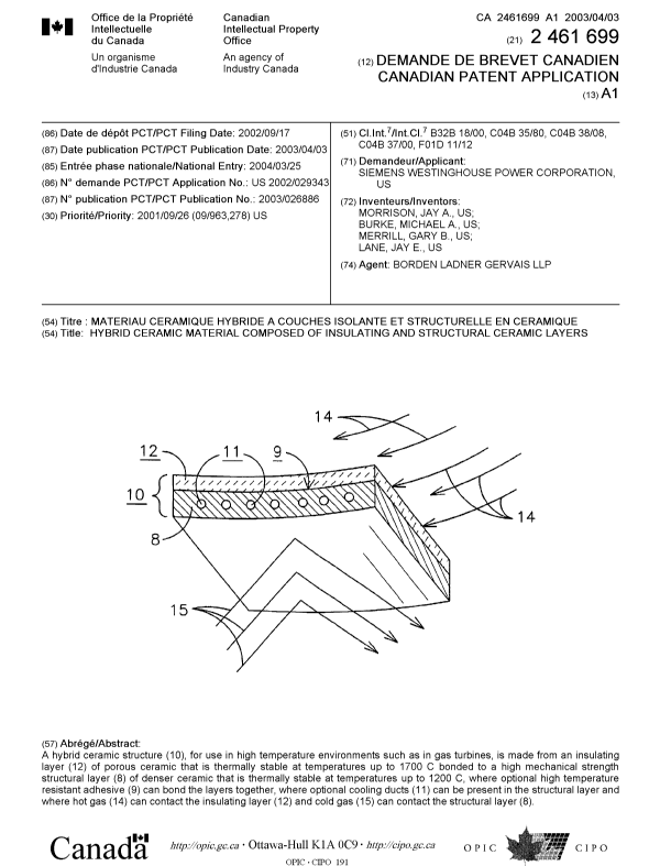 Document de brevet canadien 2461699. Page couverture 20040525. Image 1 de 1