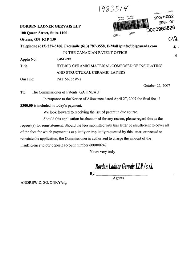 Document de brevet canadien 2461699. Correspondance 20071022. Image 1 de 1