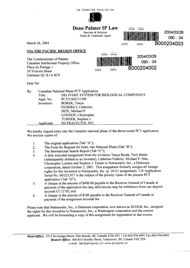 Document de brevet canadien 2461708. Cession 20040326. Image 1 de 11