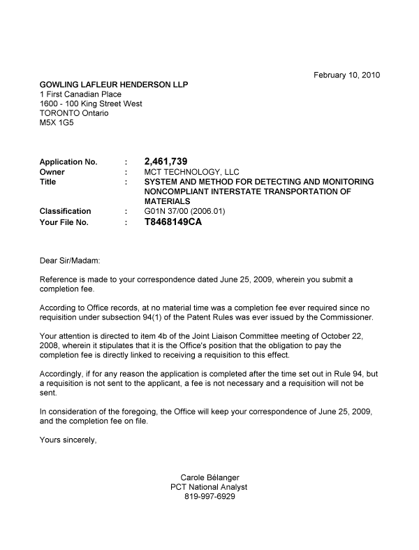 Document de brevet canadien 2461739. Correspondance 20100210. Image 1 de 1