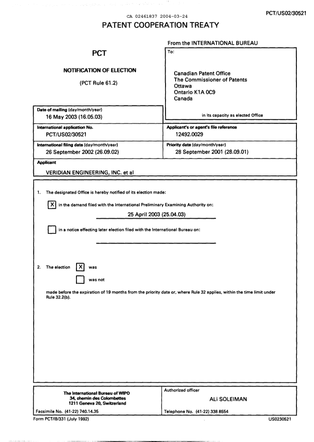 Document de brevet canadien 2461837. PCT 20040324. Image 1 de 16