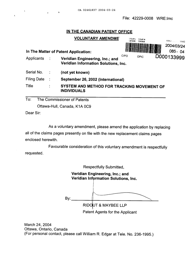 Document de brevet canadien 2461837. Poursuite-Amendment 20040324. Image 1 de 13