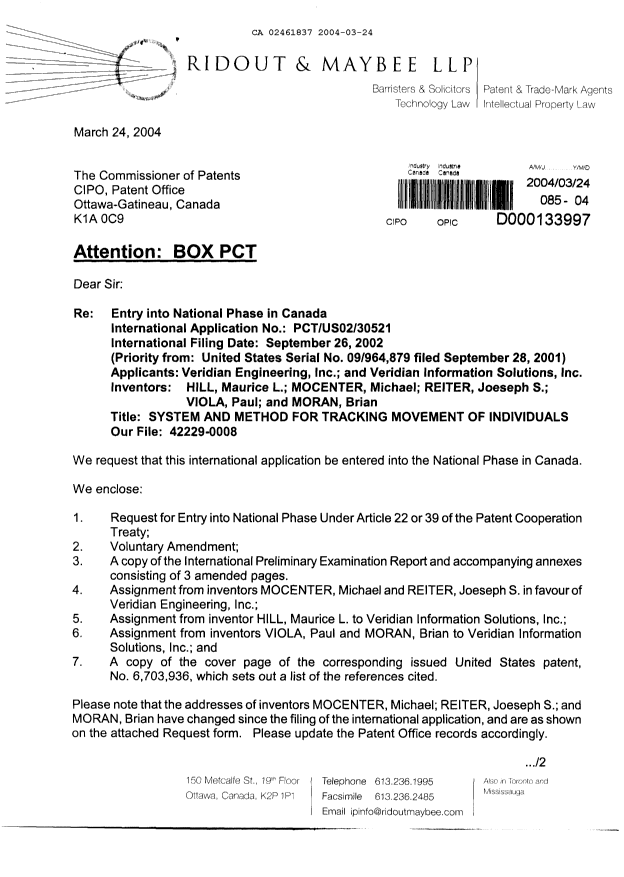 Document de brevet canadien 2461837. Cession 20040324. Image 1 de 26
