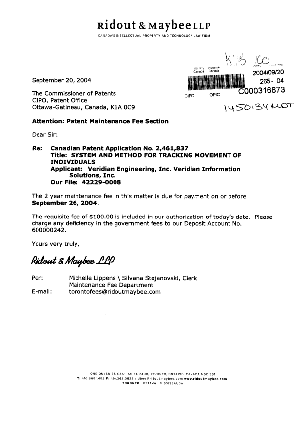 Document de brevet canadien 2461837. Taxes 20040920. Image 1 de 1