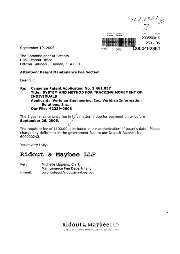Document de brevet canadien 2461837. Taxes 20050919. Image 1 de 1