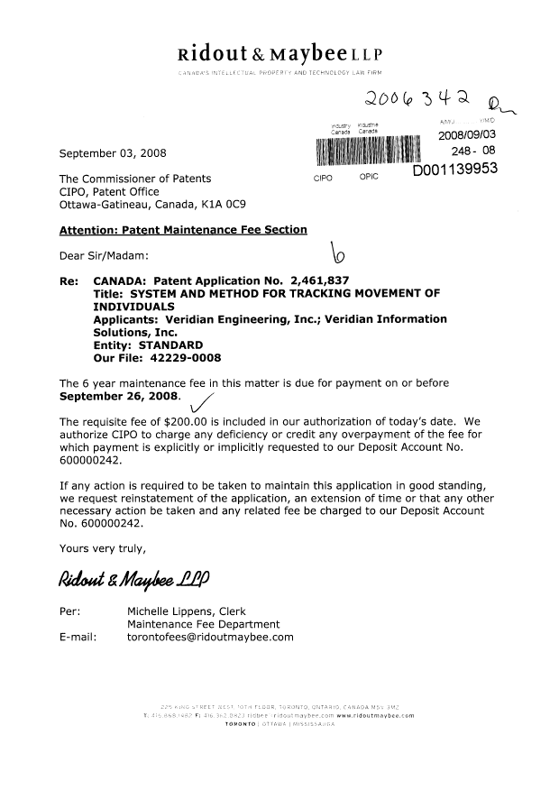 Document de brevet canadien 2461837. Taxes 20080903. Image 1 de 1