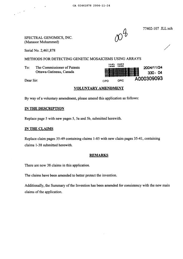 Canadian Patent Document 2461878. Prosecution-Amendment 20041124. Image 1 of 12