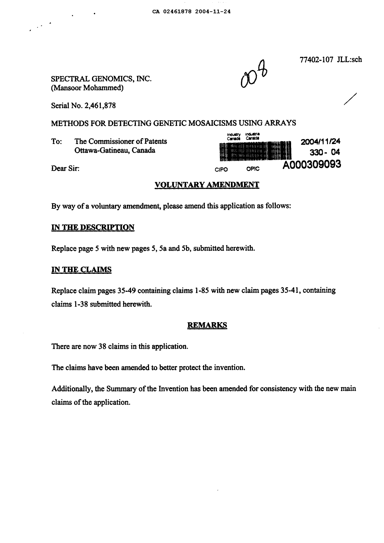 Canadian Patent Document 2461878. Prosecution-Amendment 20041124. Image 1 of 12