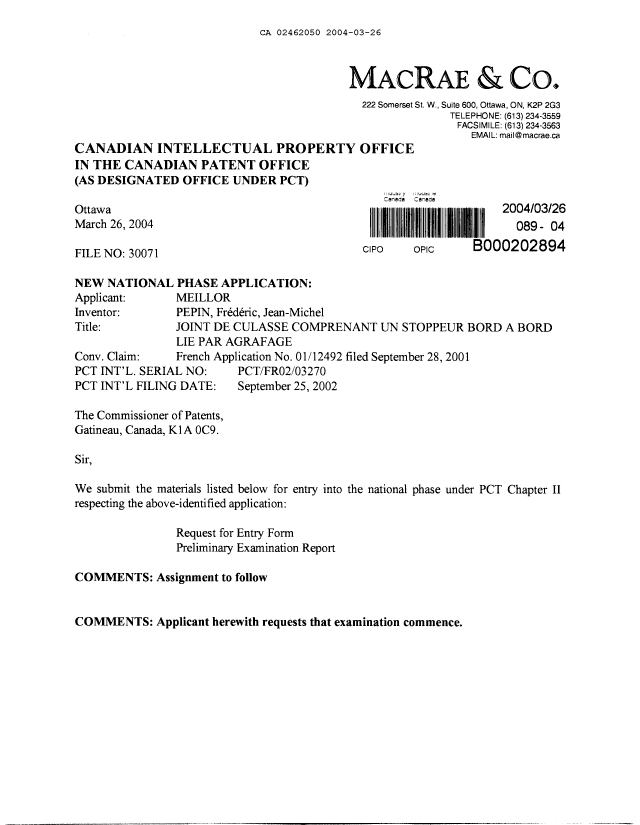 Document de brevet canadien 2462050. Cession 20040326. Image 1 de 4