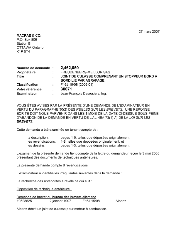 Canadian Patent Document 2462050. Prosecution-Amendment 20070327. Image 1 of 3