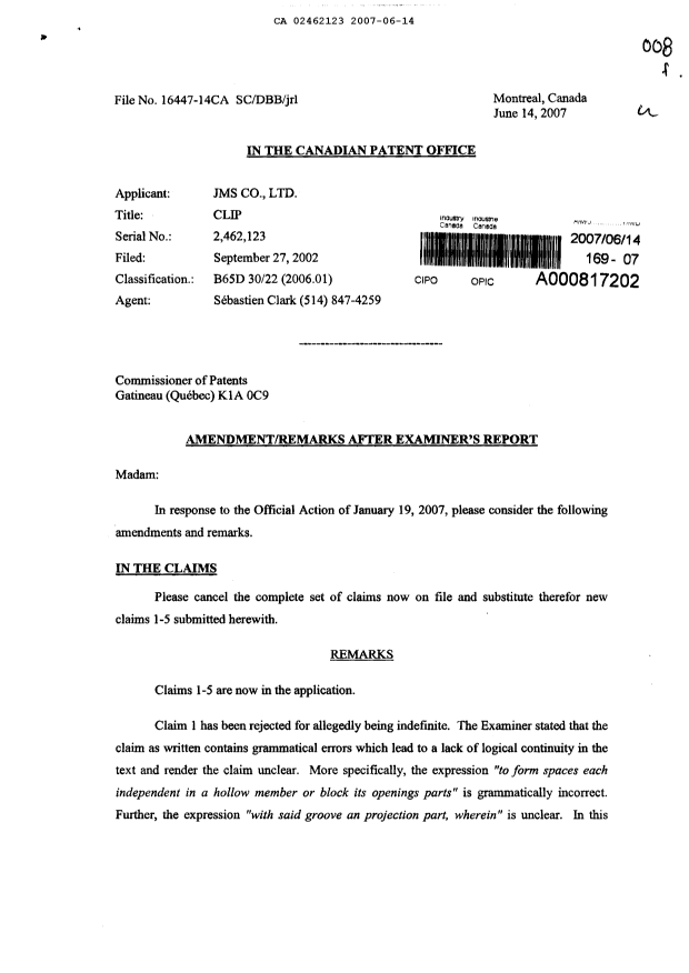Canadian Patent Document 2462123. Prosecution-Amendment 20070614. Image 1 of 4