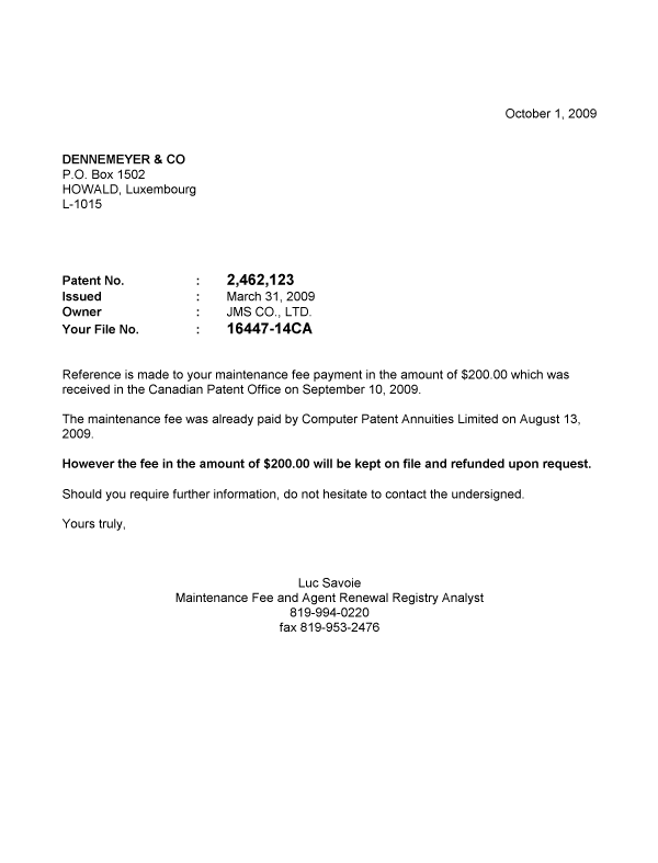 Canadian Patent Document 2462123. Correspondence 20091001. Image 1 of 1
