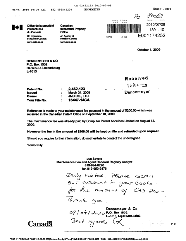 Canadian Patent Document 2462123. Correspondence 20100708. Image 1 of 1