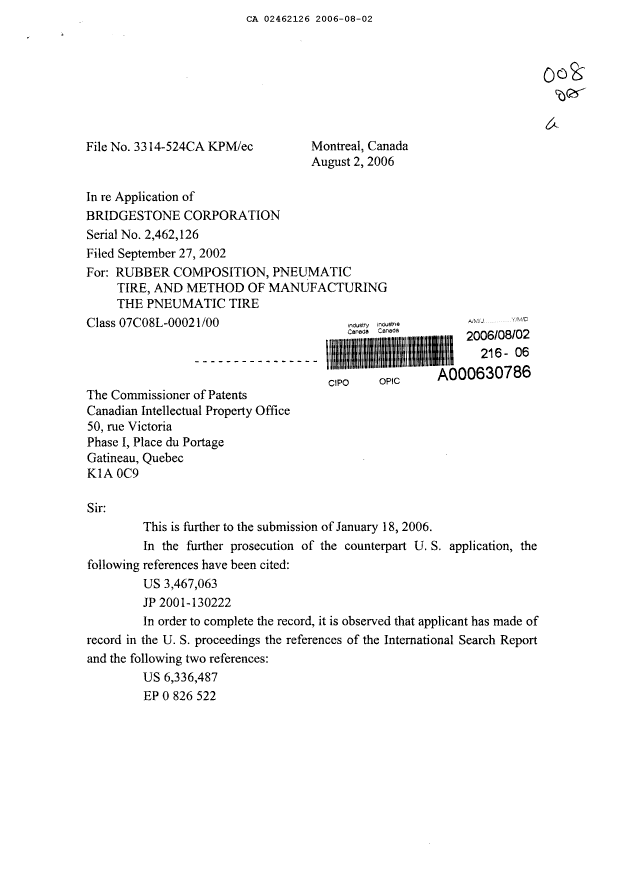 Canadian Patent Document 2462126. Prosecution-Amendment 20060802. Image 1 of 2