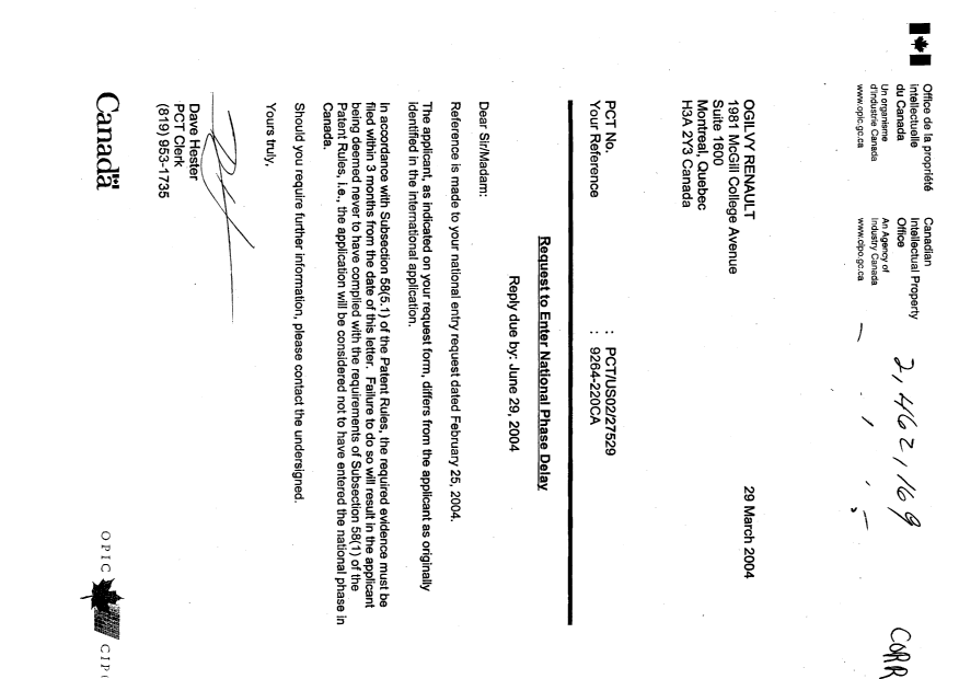 Canadian Patent Document 2462169. Correspondence 20040329. Image 1 of 1