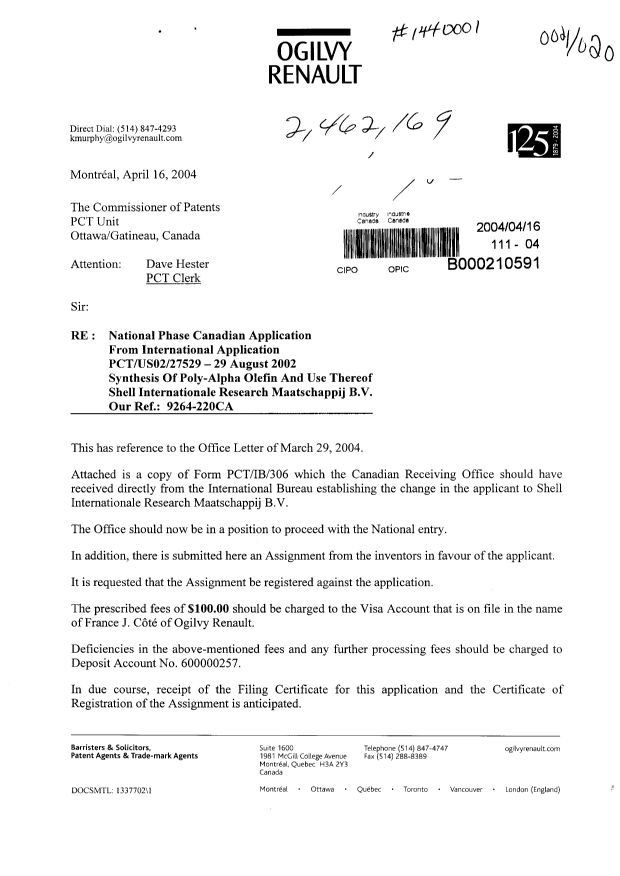 Document de brevet canadien 2462169. Cession 20040416. Image 1 de 4