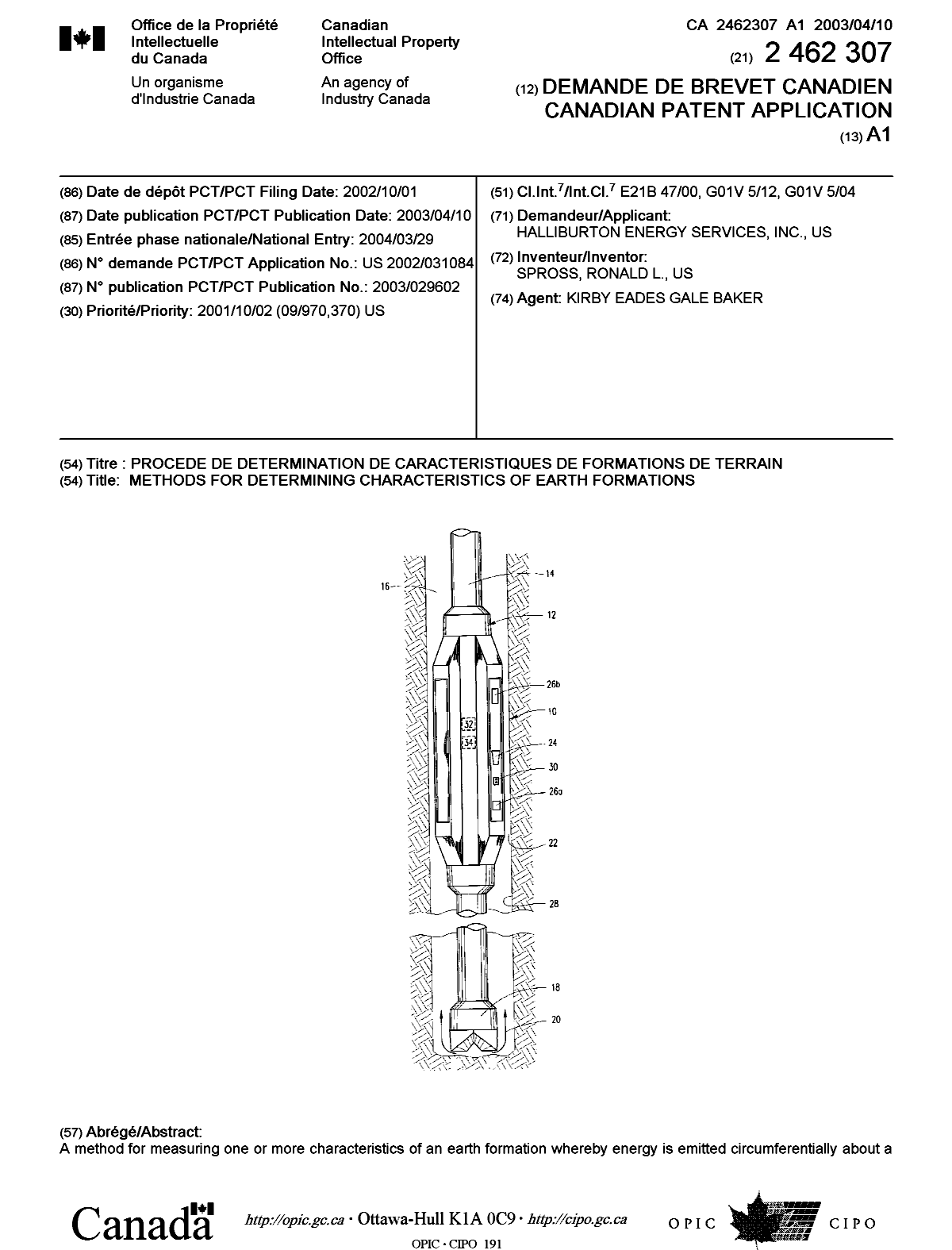 Canadian Patent Document 2462307. Cover Page 20040603. Image 1 of 2