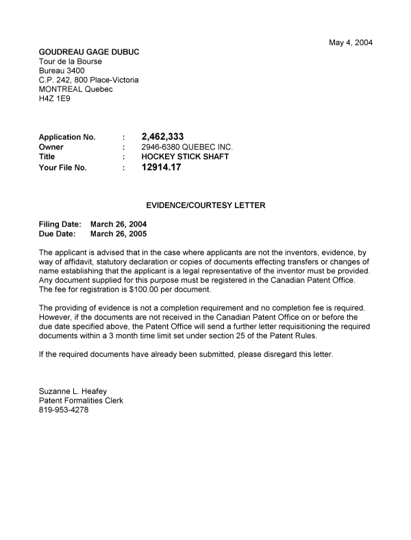 Canadian Patent Document 2462333. Correspondence 20031229. Image 1 of 1
