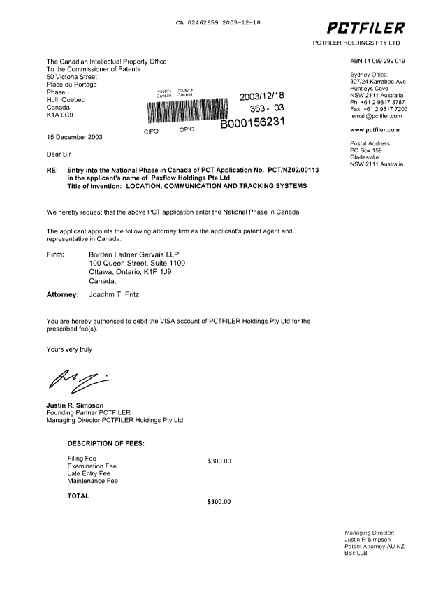 Document de brevet canadien 2462659. Cession 20031218. Image 1 de 1