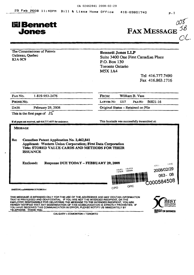 Document de brevet canadien 2462841. Poursuite-Amendment 20080229. Image 1 de 15