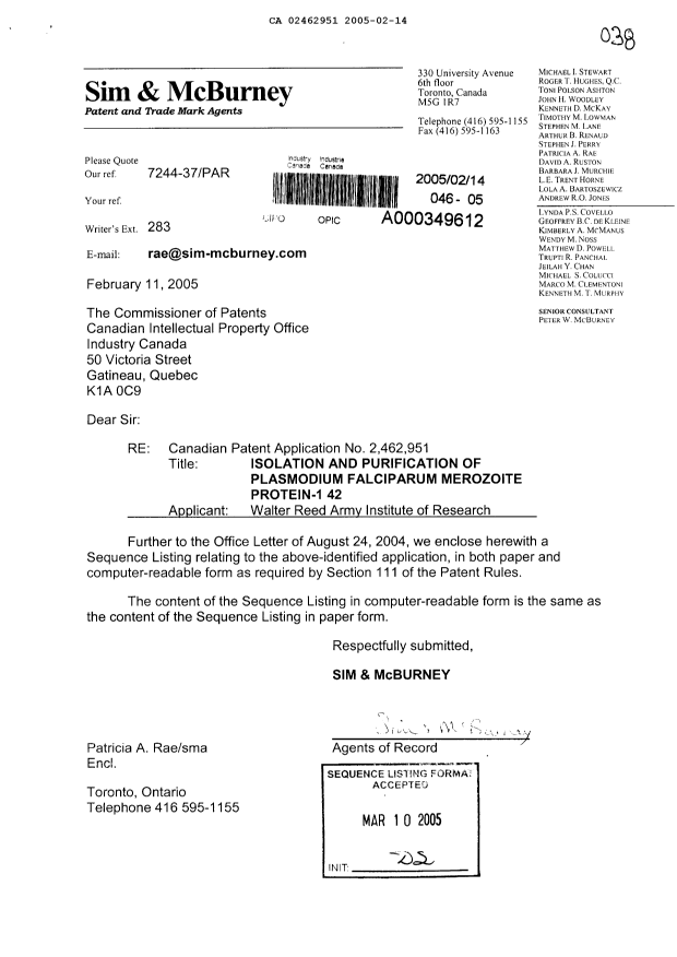 Canadian Patent Document 2462951. Prosecution-Amendment 20041214. Image 1 of 11