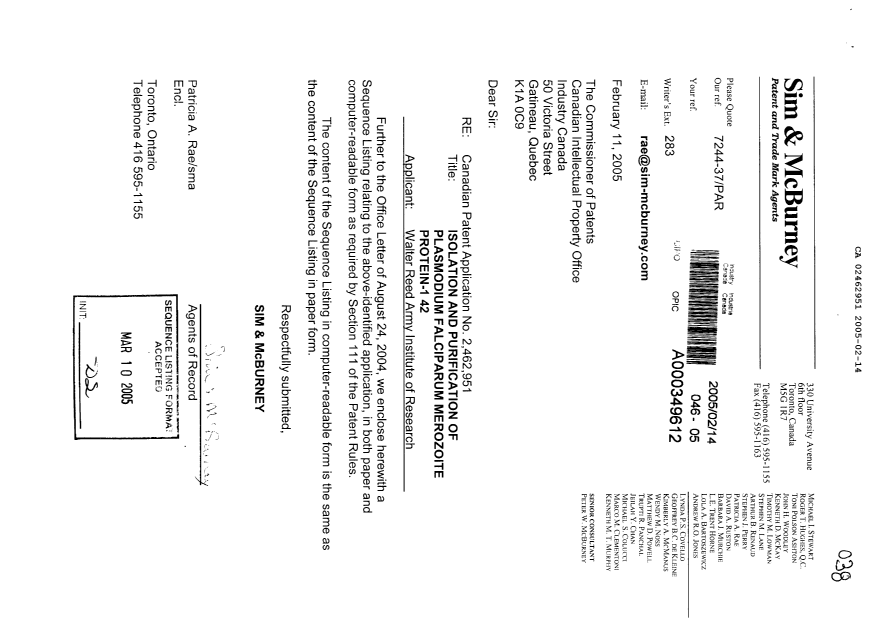 Document de brevet canadien 2462951. Poursuite-Amendment 20041214. Image 1 de 11
