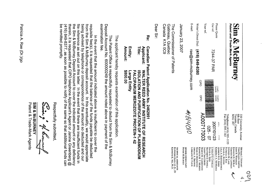 Canadian Patent Document 2462951. Prosecution-Amendment 20070123. Image 1 of 1