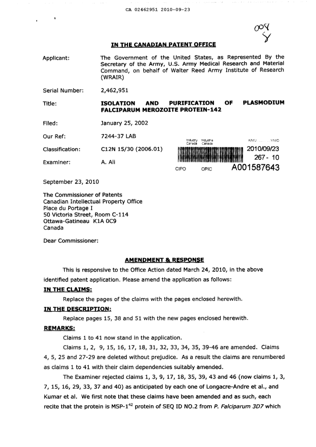 Canadian Patent Document 2462951. Prosecution-Amendment 20091223. Image 1 of 15