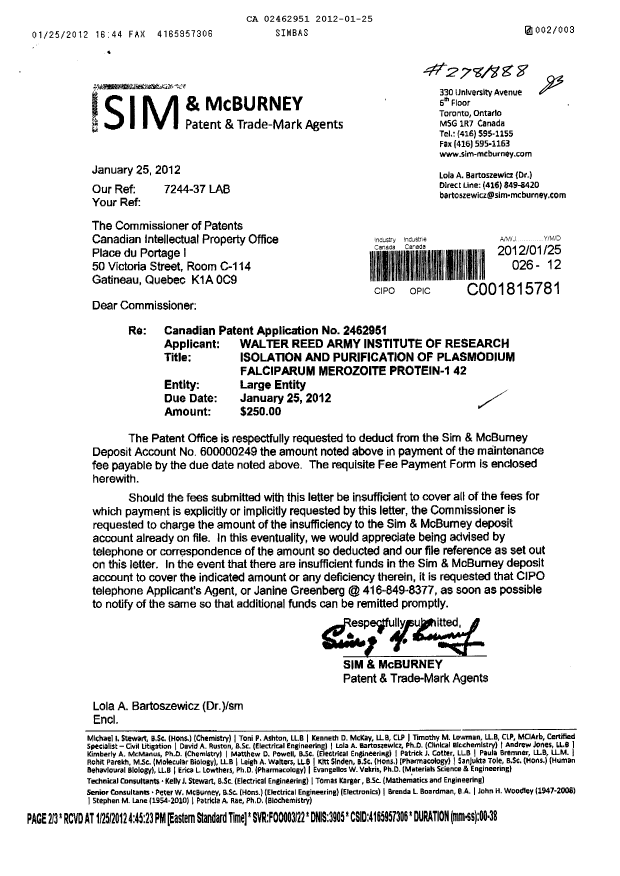 Document de brevet canadien 2462951. Taxes 20111225. Image 1 de 1
