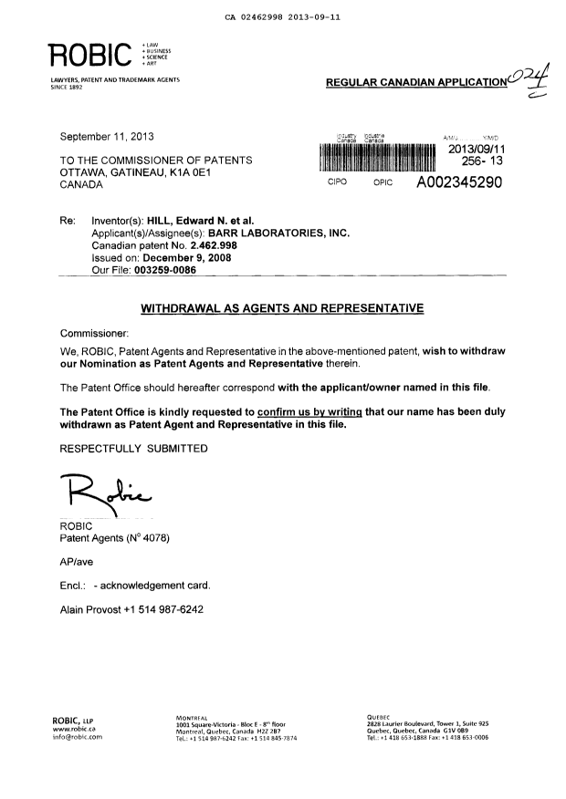 Document de brevet canadien 2462998. Correspondance 20130911. Image 1 de 1