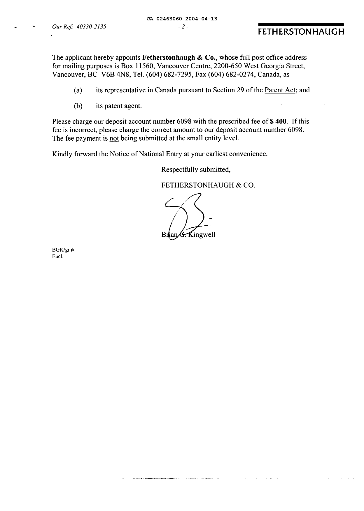 Canadian Patent Document 2463060. Assignment 20031213. Image 2 of 4