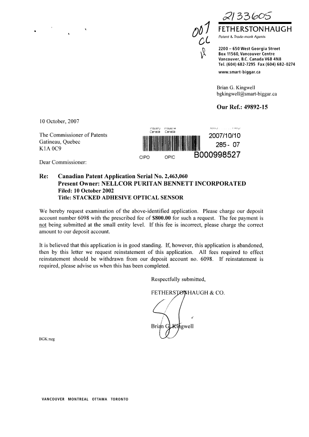 Canadian Patent Document 2463060. Prosecution-Amendment 20061210. Image 1 of 1