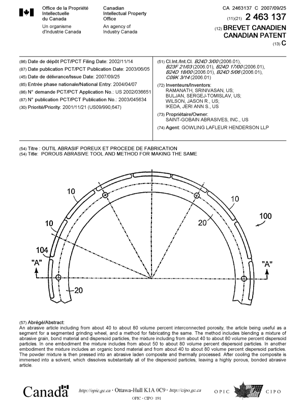 Canadian Patent Document 2463137. Cover Page 20070906. Image 1 of 1