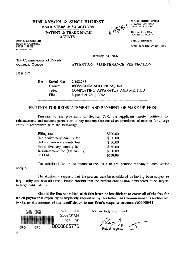 Canadian Patent Document 2463263. Prosecution-Amendment 20070124. Image 1 of 1