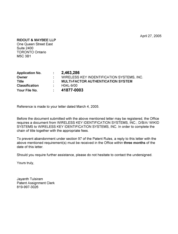 Document de brevet canadien 2463286. Correspondance 20050427. Image 1 de 1