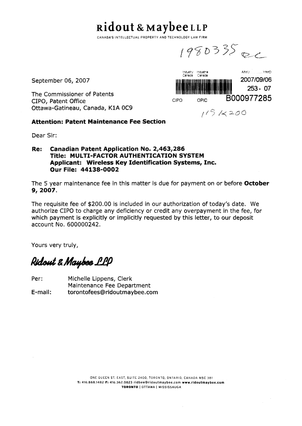 Canadian Patent Document 2463286. Fees 20070906. Image 1 of 1
