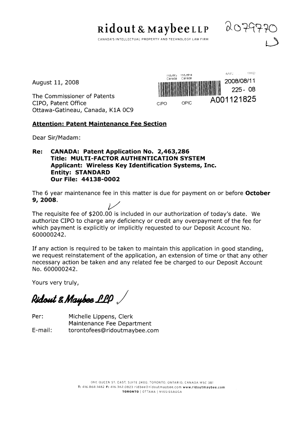 Canadian Patent Document 2463286. Fees 20080811. Image 1 of 1