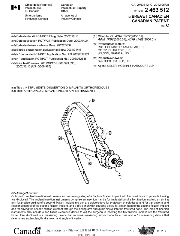Canadian Patent Document 2463512. Cover Page 20120417. Image 1 of 1